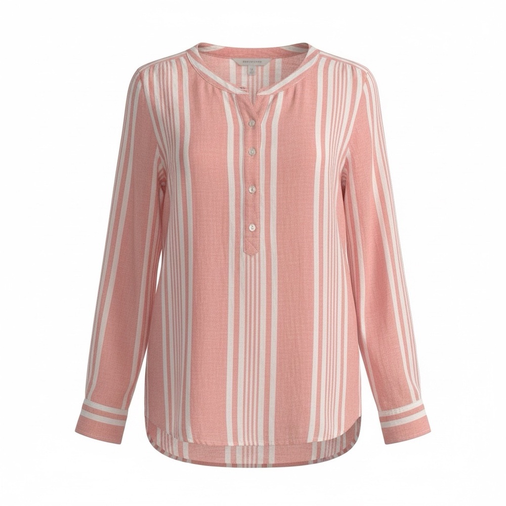 Denim&Co. Linen Viscose Long Sleeve Pink Striped Tab Sleeve Cuffed Blouse
